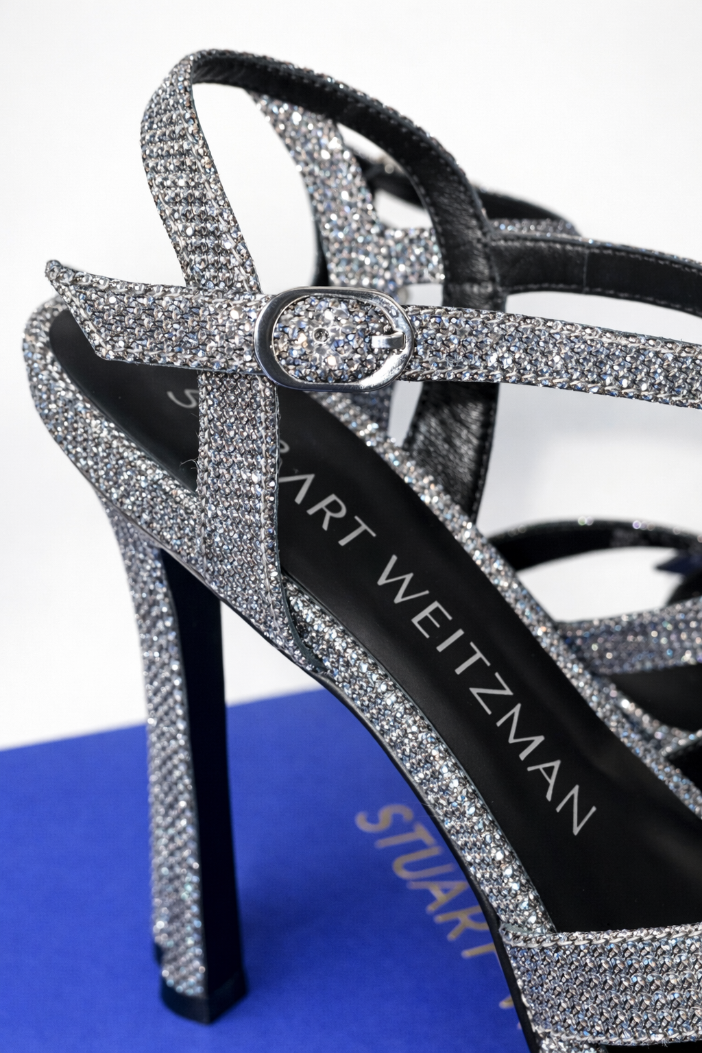 Stuart Weitzman Bow Platform Sandals Gunmetal Crystal Heels – Rhinestone Ankle Strap Heels Size 8 (EU 38.5)