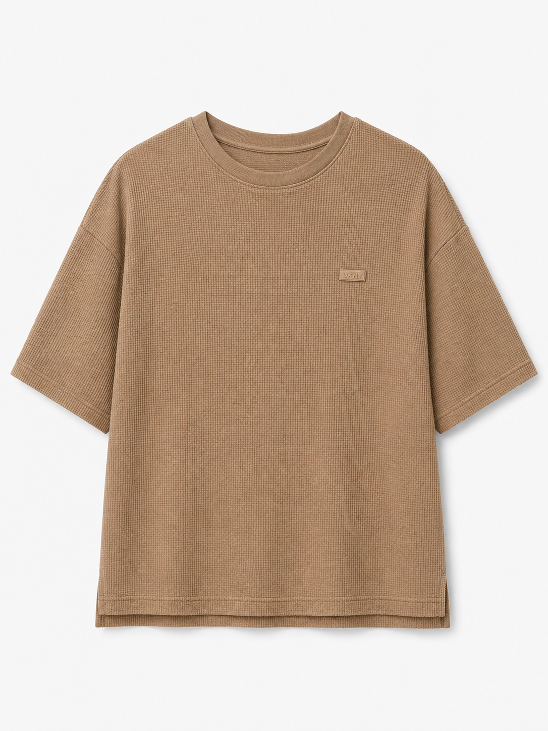 NWT DKNY Oversized Fit Taupe Waffle Knit Tee Shirt Large Neutral Beige Textured Luxury Top