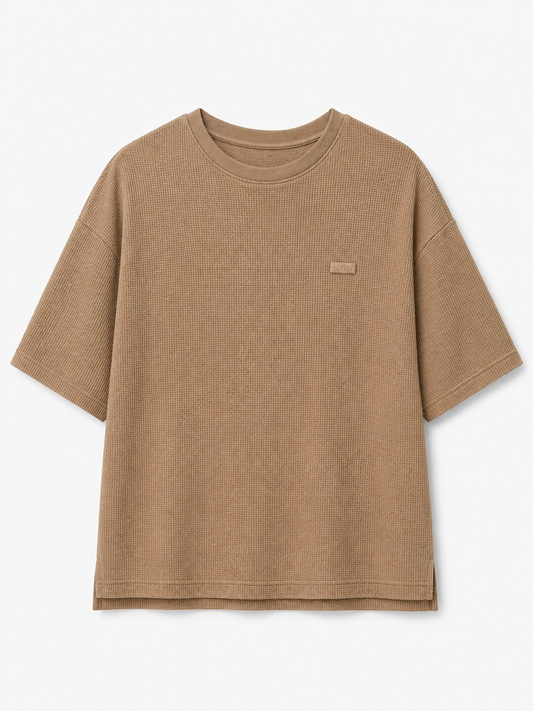 NWT DKNY Oversized Fit Taupe Waffle Knit Tee Shirt Large Neutral Beige Textured Luxury Top