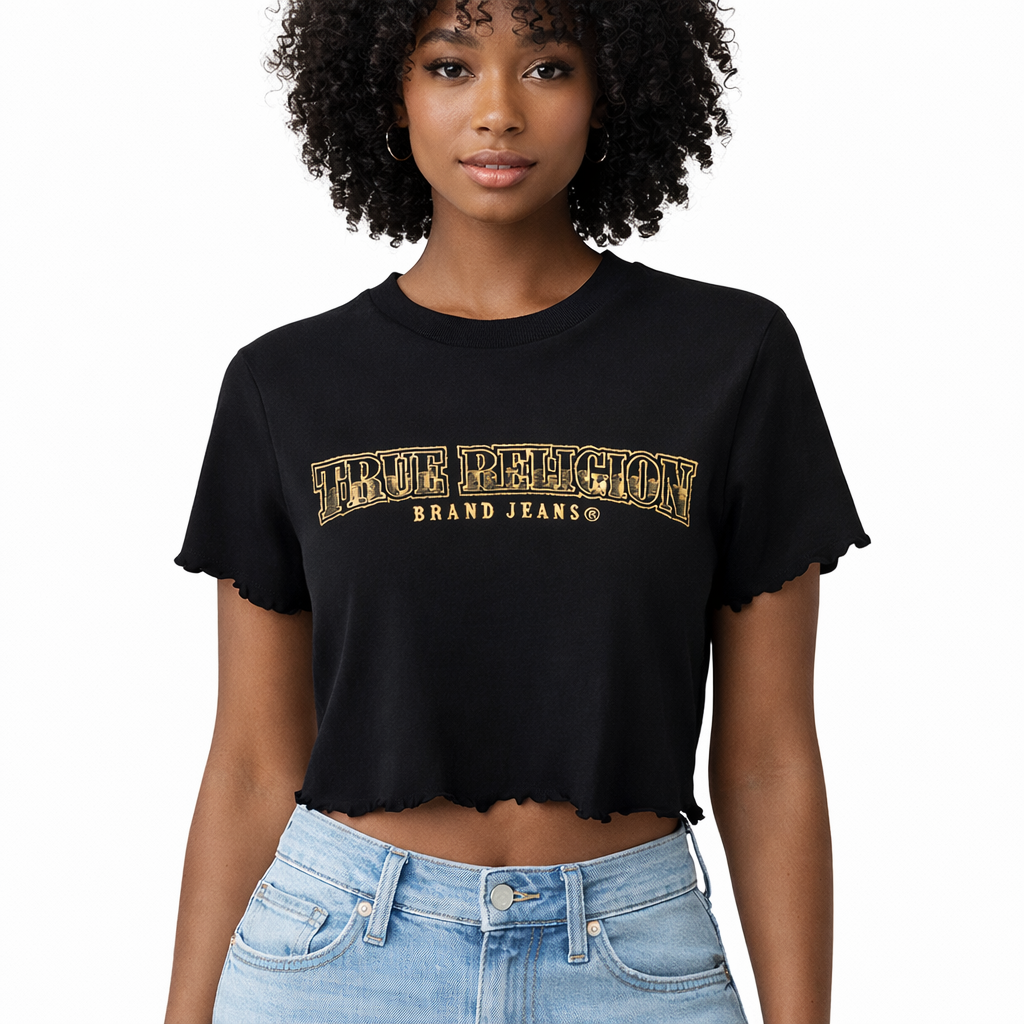True Religion Black Cropped T-Shirt – Gold Logo Graphic Tee | Y2K