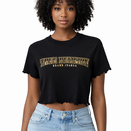True Religion Black Cropped T-Shirt – Gold Logo Graphic Tee | Y2K