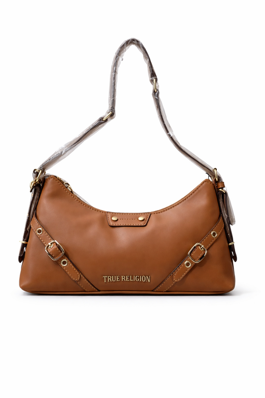True Religion Cognac Leather Shoulder Bag – Designer Women’s Hobo Handbag with Gold Hardware