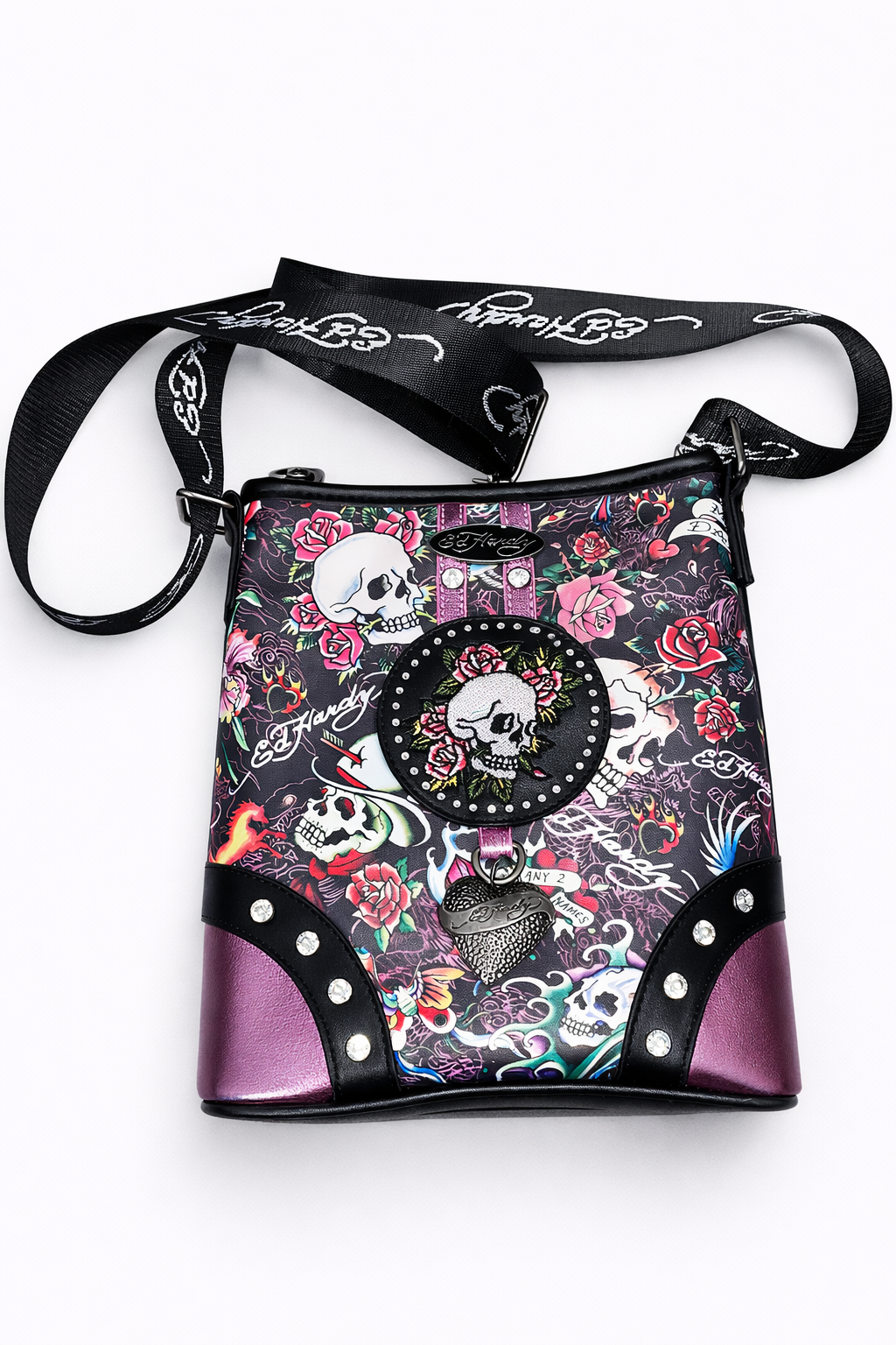 Ed Hardy Skull & Rose Crossbody Bag – Black Tattoo Print Designer Purse NWT
