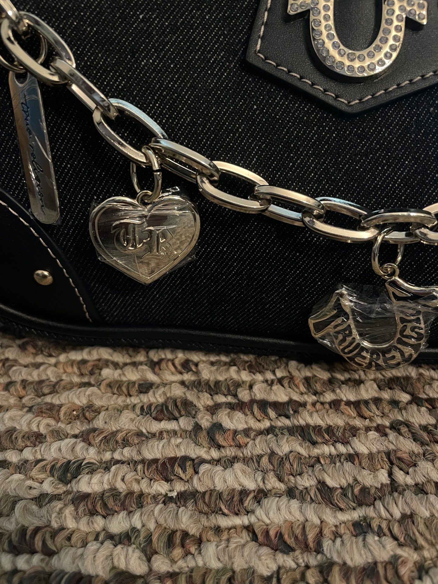 True Religion Black Denim Shoulder Bag – Crystal Charm Logo Purse (Authentic)