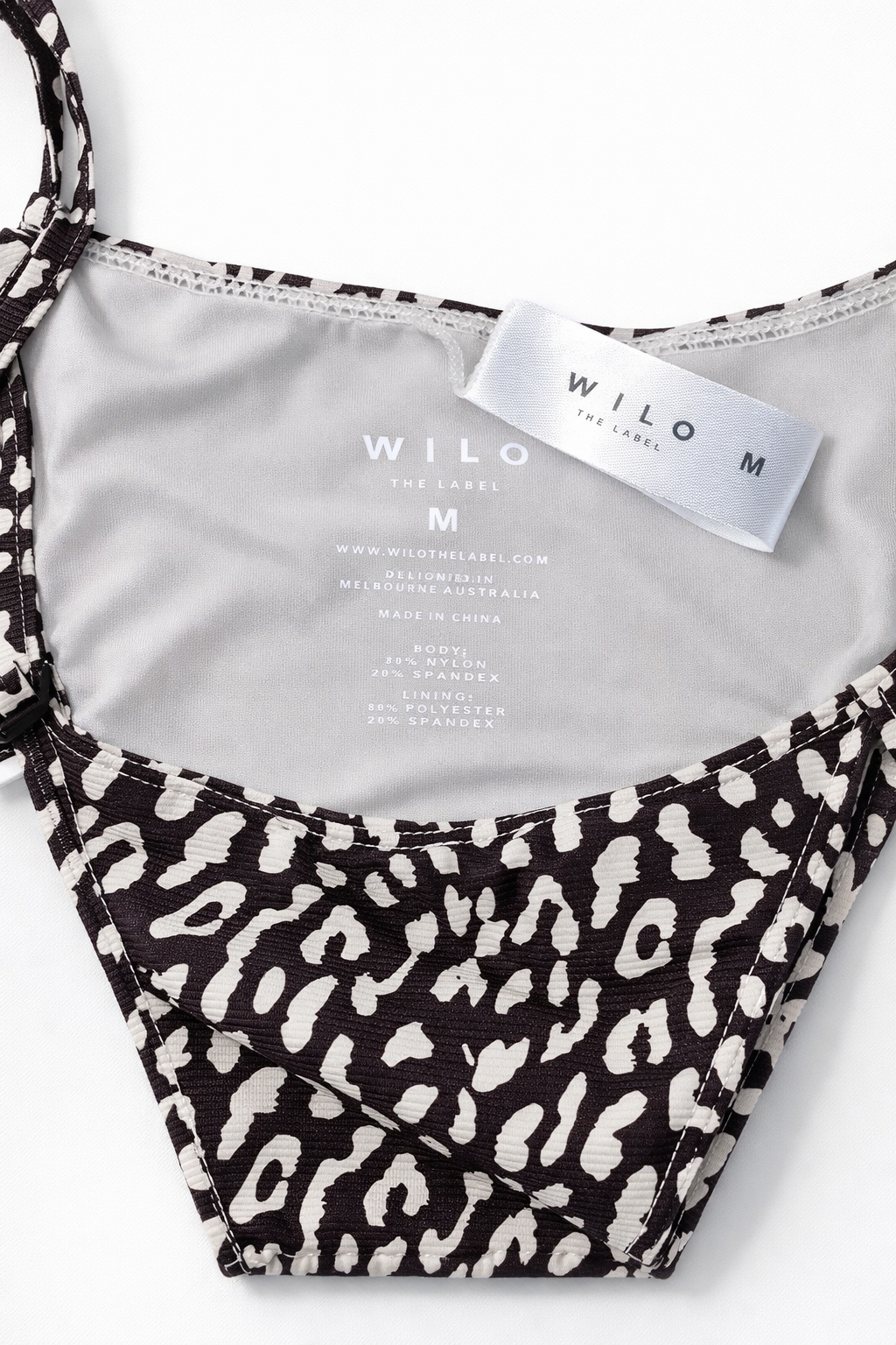 WILO The Label Leopard Print Bikini Set Medium 2PC Tie String w/ Scrunchie Brown White Sexy Summer Swimwear