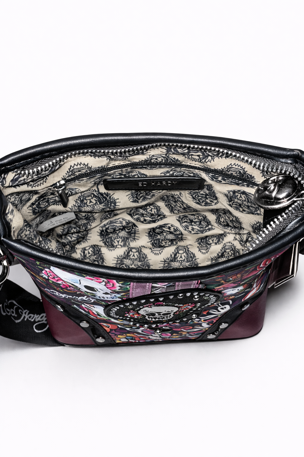 Ed Hardy Skull & Rose Crossbody Bag – Black Tattoo Print Designer Purse NWT