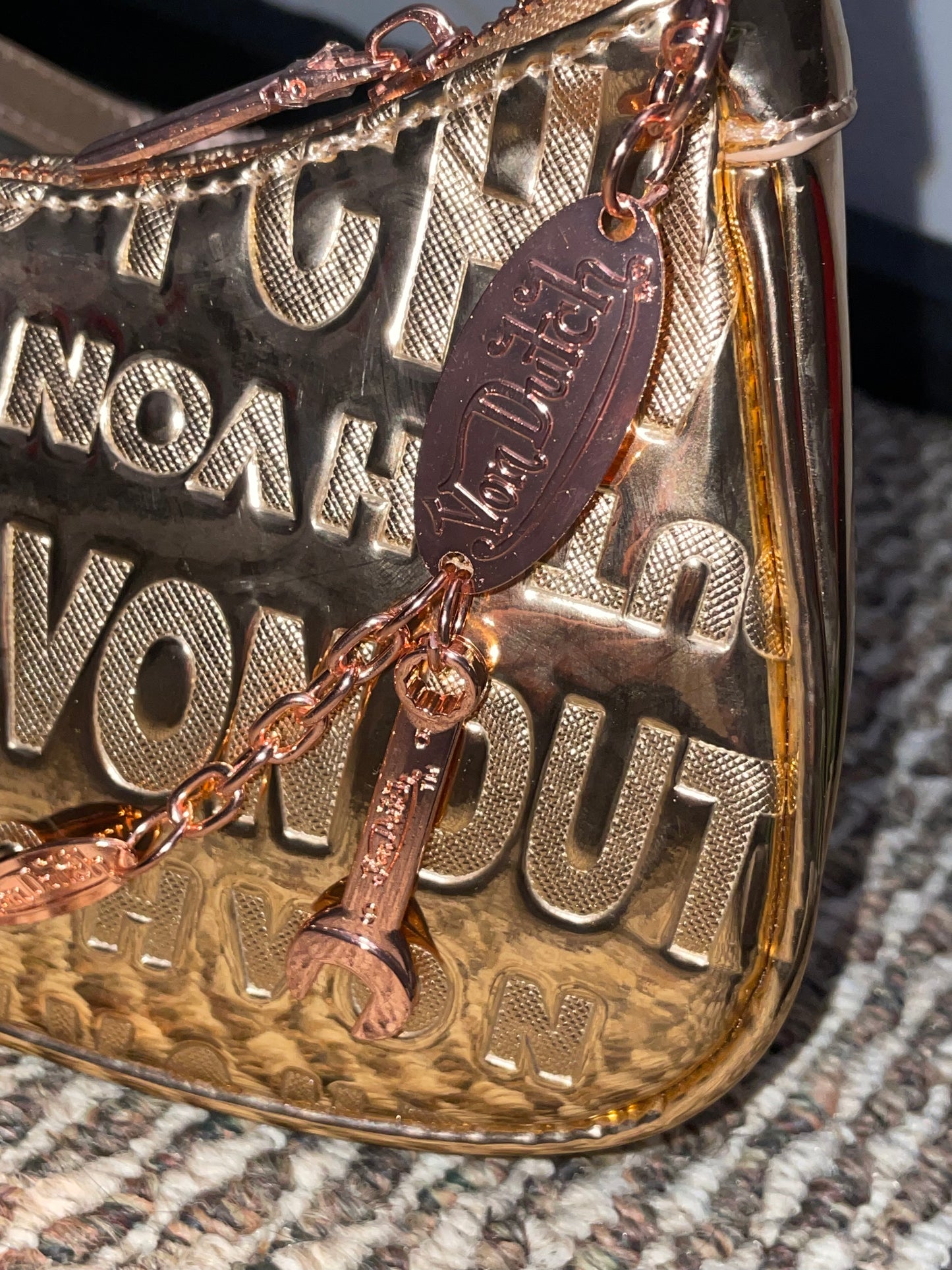 Von Dutch Metallic Gold Shoulder Bag – Y2K Logo Chain Purse