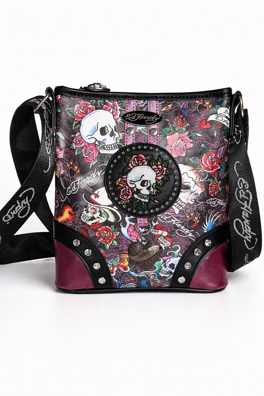 Ed Hardy Skull & Rose Crossbody Bag – Black Tattoo Print Designer Purse NWT
