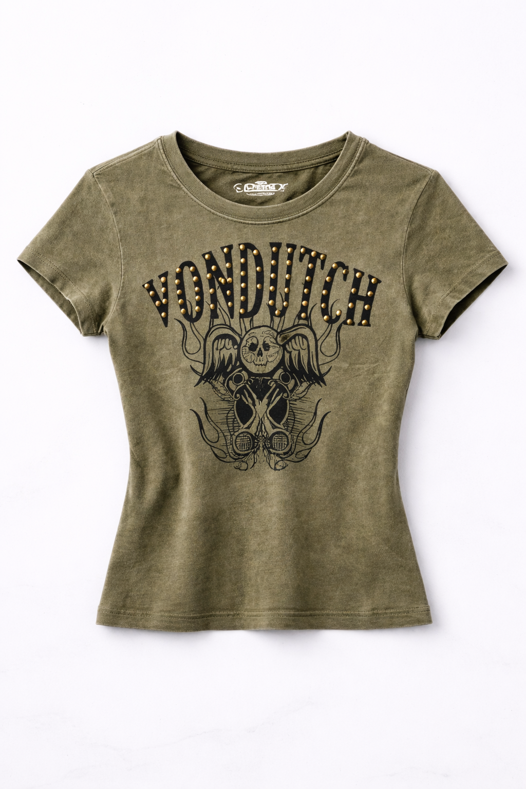 Von Dutch Studded Graphic Baby Tee Women’s Olive Green Y2K Vintage Style Fitted T-Shirt NWT