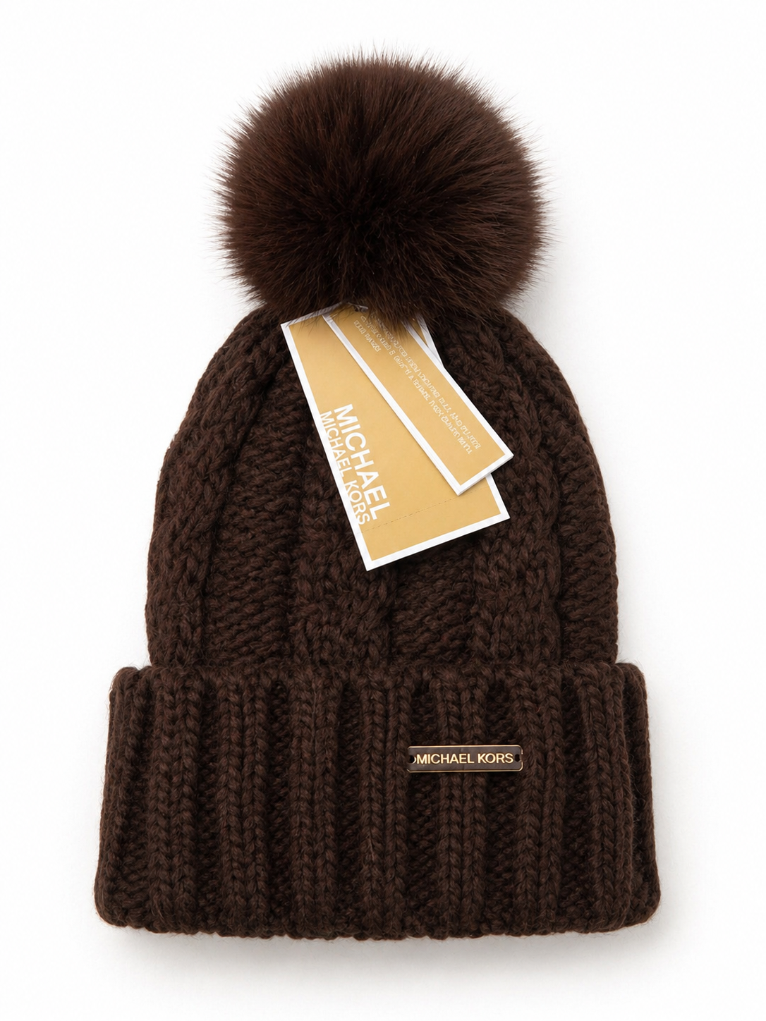 Michael Kors Brown Cable Knit Pom Pom Beanie Hat Faux Fur Lined Winter Cap NWT $68