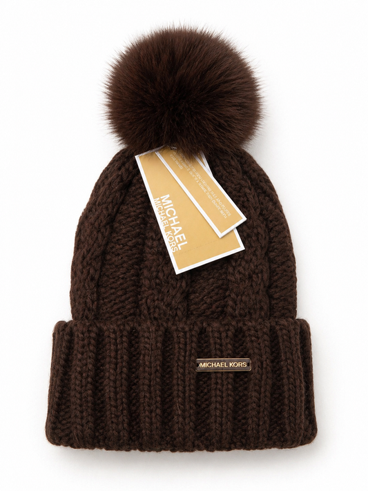 Michael Kors Brown Cable Knit Pom Pom Beanie Hat Faux Fur Lined Winter Cap NWT $68