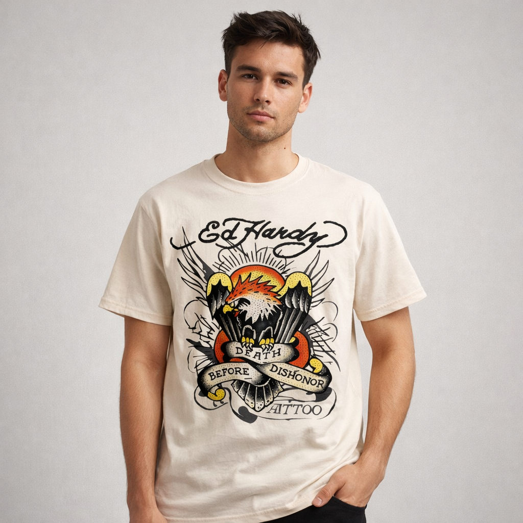 Ed Hardy Eagle Graphic T-Shirt Ivory Tattoo Y2K Streetwear Mens Size M NWT