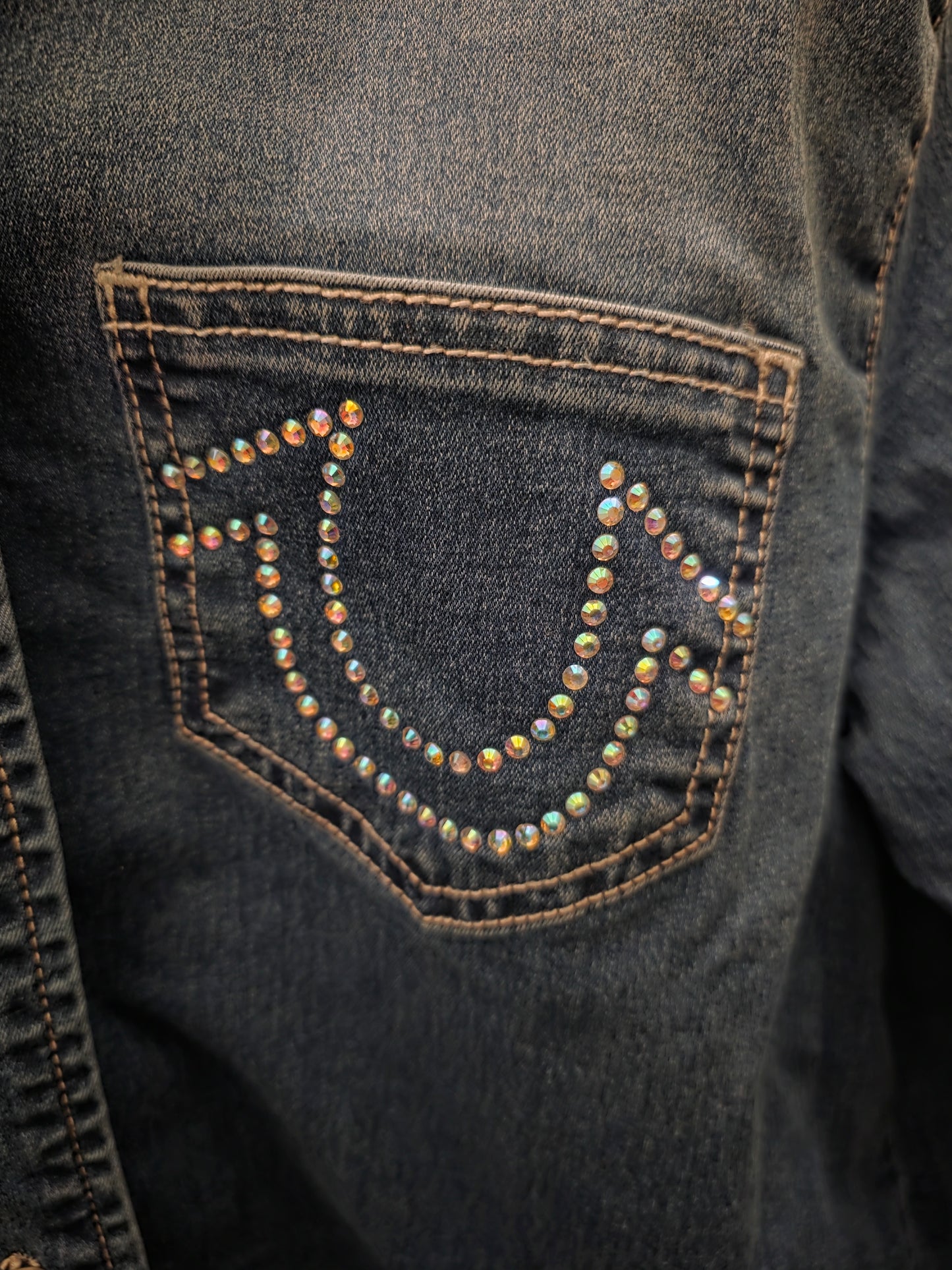 True Religion Women’s Rhinestone Logo Denim Shirt – Designer Button Down Jean Top – Premium Western Style