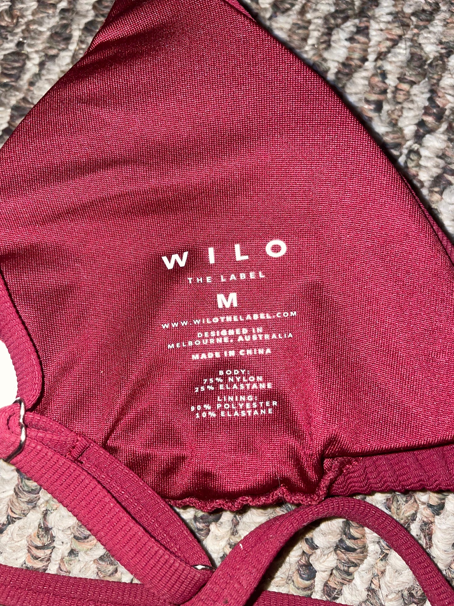 Wilo The Label Burgundy Tie String Bikini Set – Triangle Top & Adjustable Bottom – MSRP $88