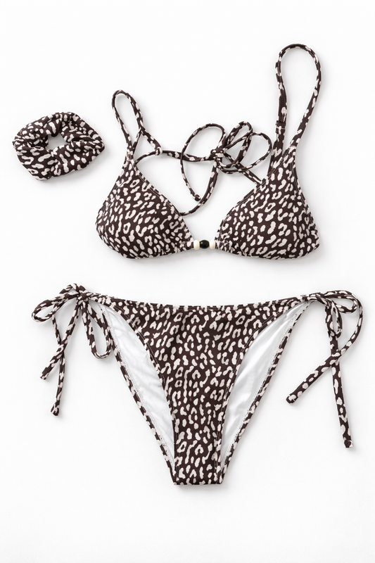 WILO The Label Leopard Print Bikini Set Medium 2PC Tie String w/ Scrunchie Brown White Sexy Summer Swimwear