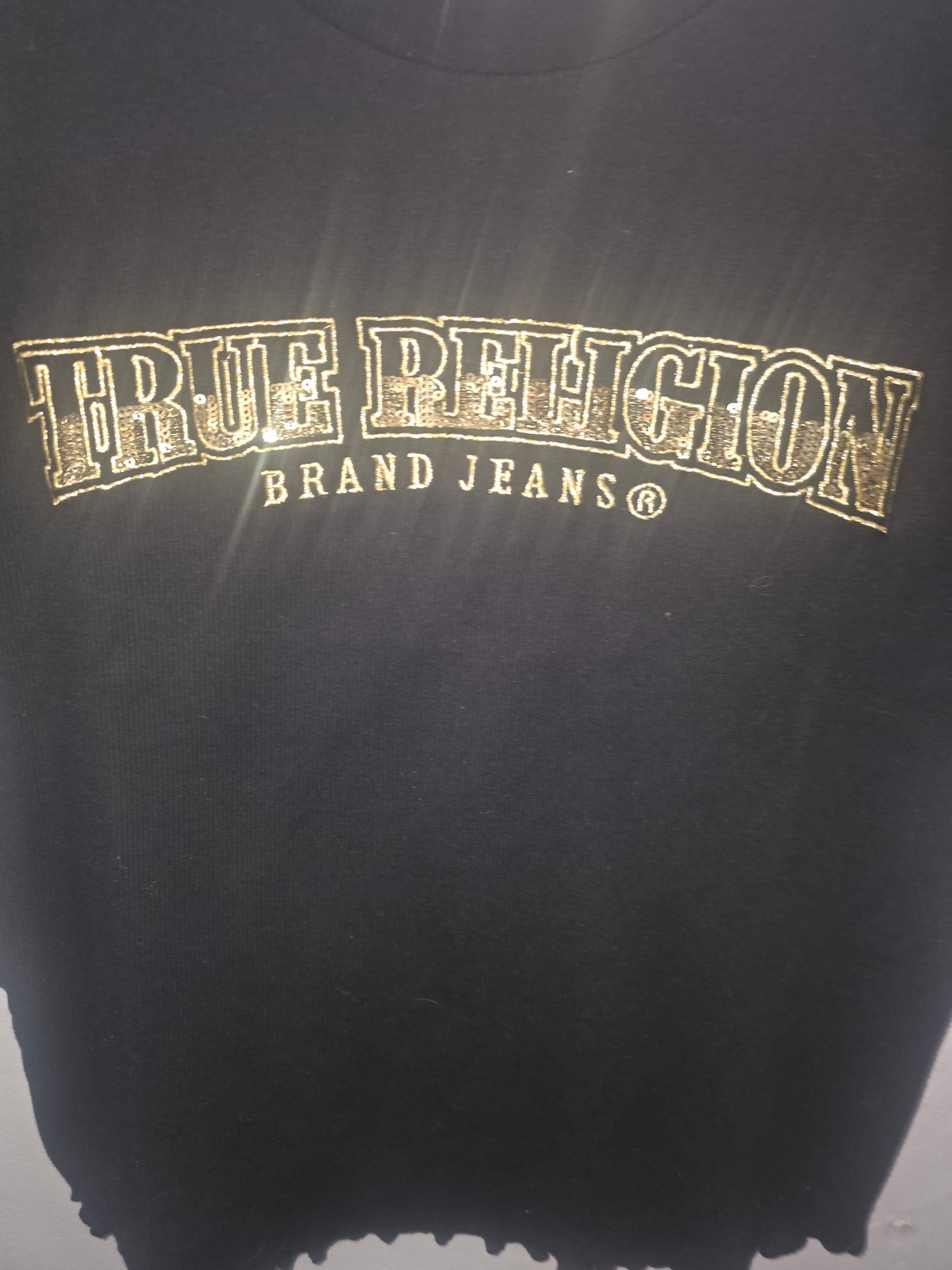 True Religion Black Cropped T-Shirt – Gold Logo Graphic Tee | Y2K