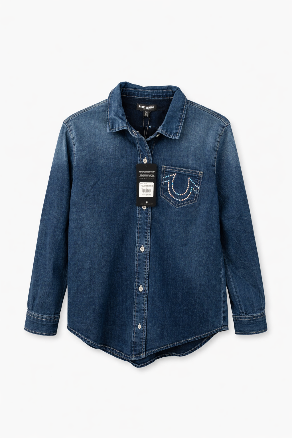 True Religion Women’s Rhinestone Logo Denim Shirt – Designer Button Down Jean Top – Premium Western Style