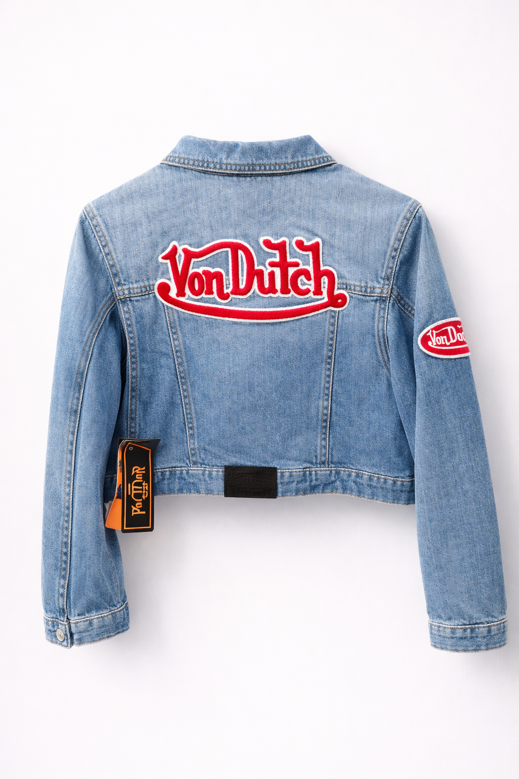 Von Dutch Women’s Cropped Denim Jacket Y2K Logo Patch Blue Jean Trucker Jacket Size M