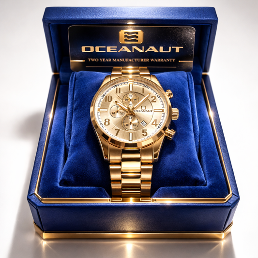 Oceanaut Gold Chronograph Watch – Luxury Men’s Stainless Steel Timepiece with Blue Presentation Box