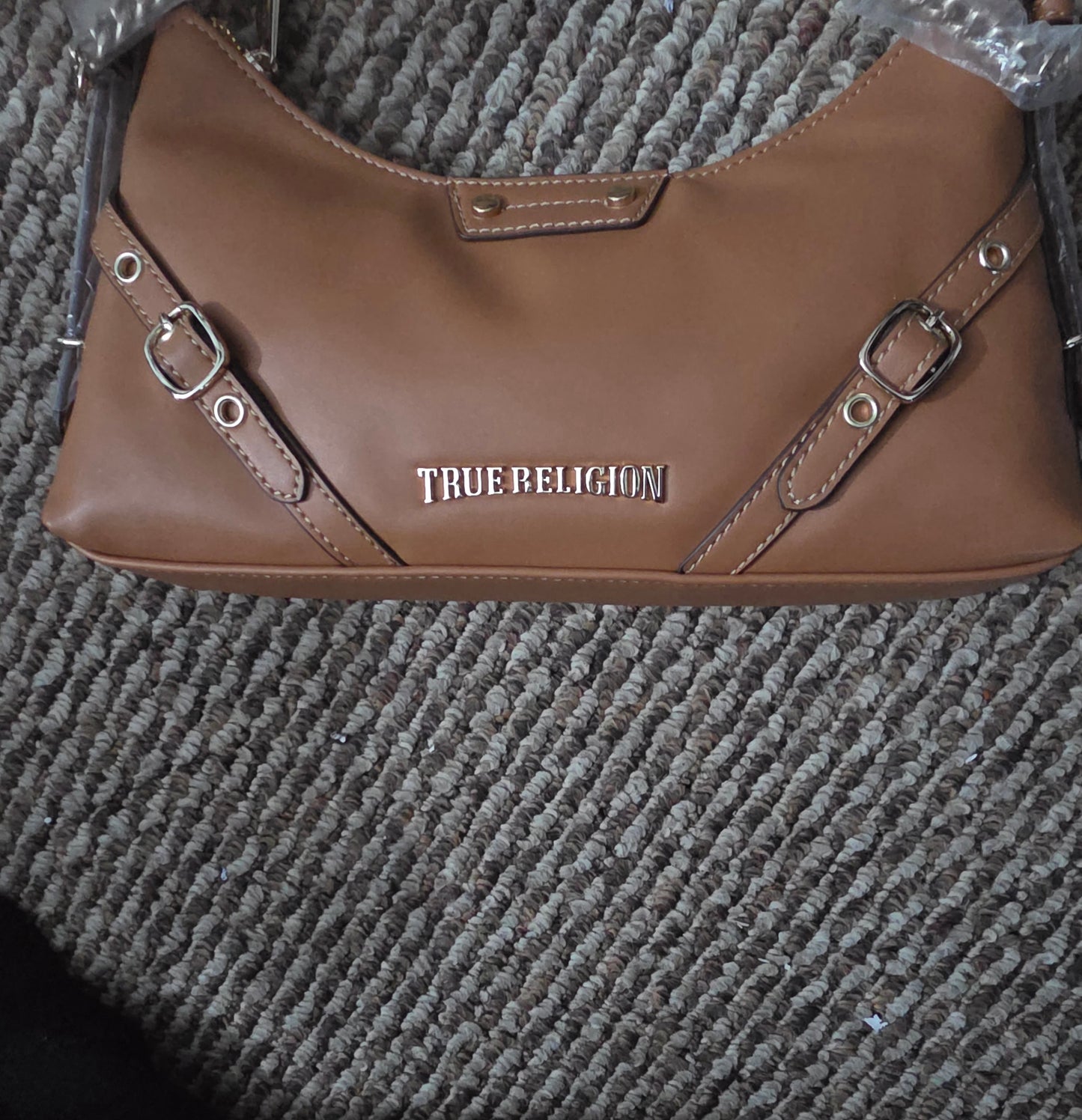 True Religion Cognac Leather Shoulder Bag – Designer Women’s Hobo Handbag with Gold Hardware