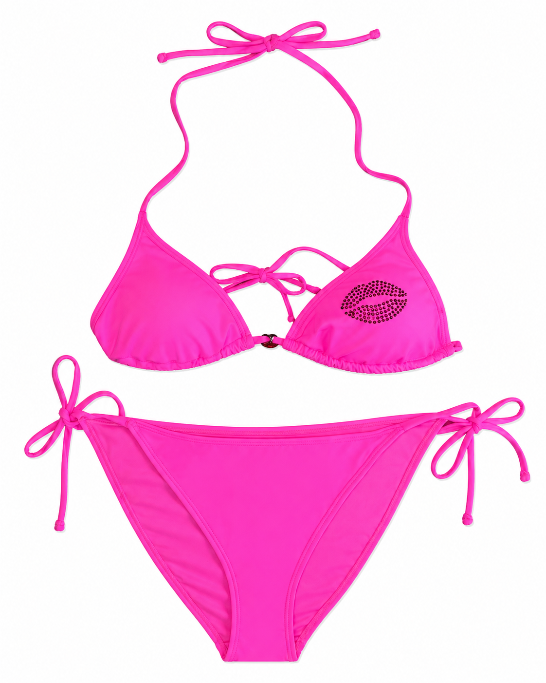 Juicy Couture Pink Rhinestone Lips Bikini Set M Y2K Halter String Swimsuit Hot Pink Crystal Tie Side Bathing Suit