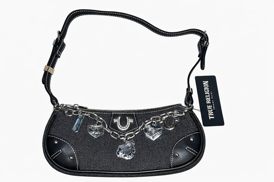 True Religion Black Denim Shoulder Bag – Crystal Charm Logo Purse (Authentic)