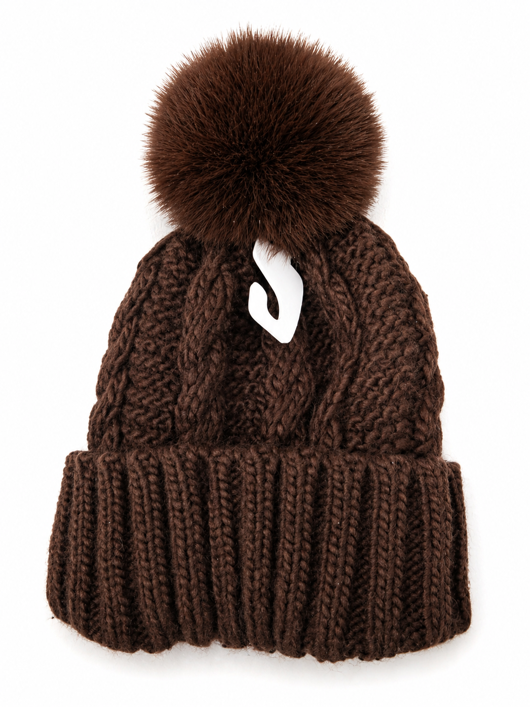 Michael Kors Brown Cable Knit Pom Pom Beanie Hat Faux Fur Lined Winter Cap NWT $68