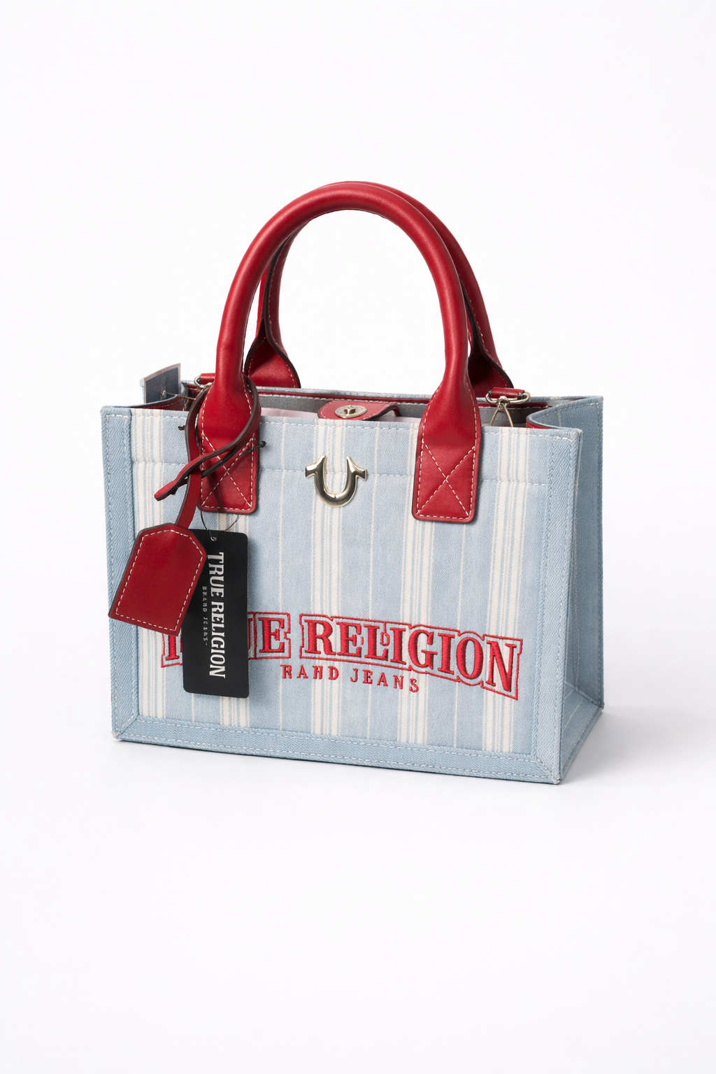 True Religion Denim Mini Tote Bag NWT 🔥 Red Leather Trim Crossbody Designer Purse Y2K