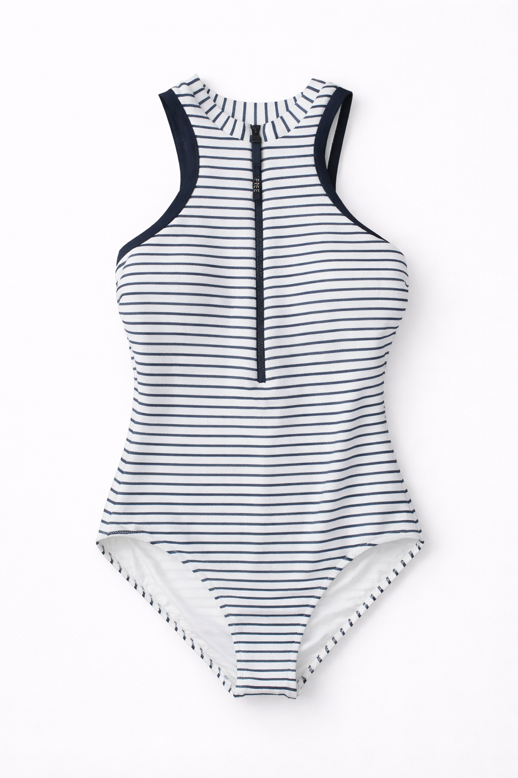 Gottex Striped One Piece Swimsuit Size 10 – White Navy High Neck Zip Front Designer Swimwear