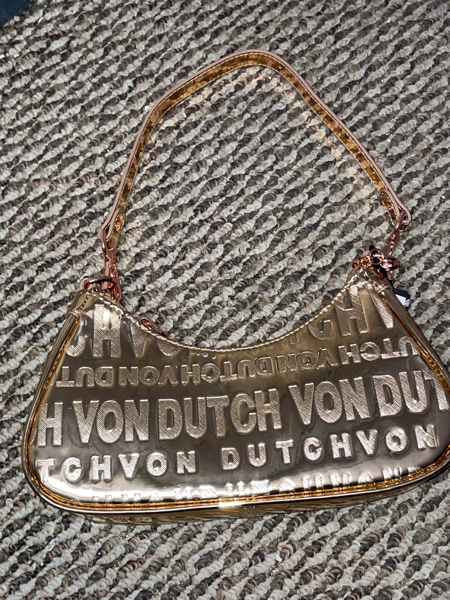 Von Dutch Metallic Gold Shoulder Bag – Y2K Logo Chain Purse