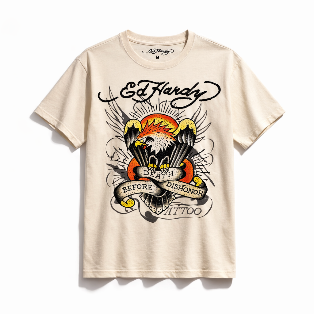 Ed Hardy Eagle Graphic T-Shirt Ivory Tattoo Y2K Streetwear Mens Size M NWT
