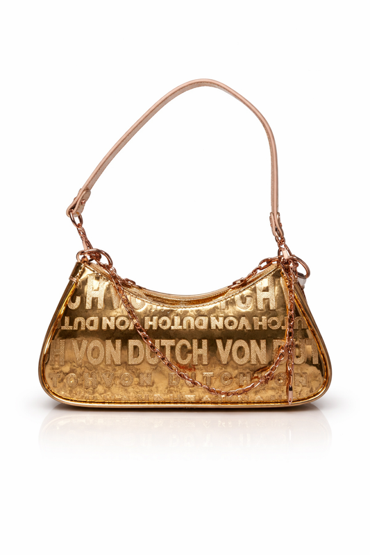 Von Dutch Metallic Gold Shoulder Bag – Y2K Logo Chain Purse