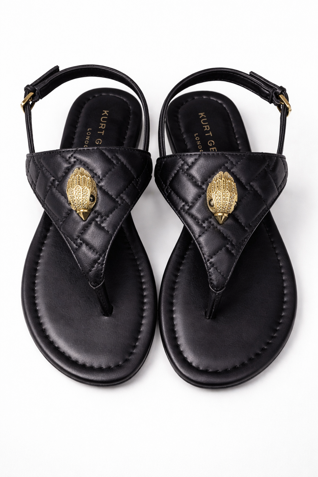 Kurt Geiger London Black Quilted Leather Thong Sandals Gold Eagle Slingback Designer Flats