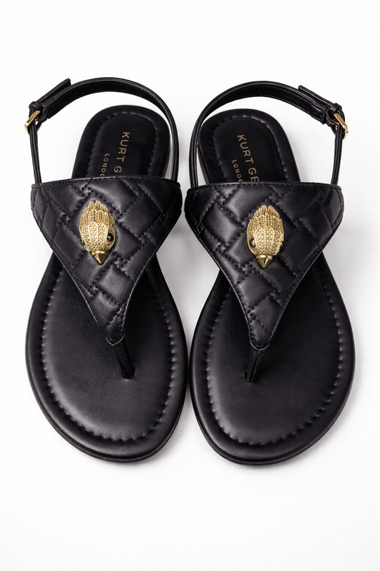 Kurt Geiger London Black Quilted Leather Thong Sandals Gold Eagle Slingback Designer Flats