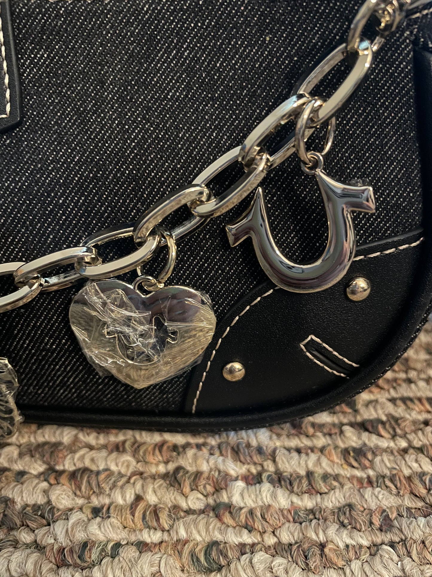 True Religion Black Denim Shoulder Bag – Crystal Charm Logo Purse (Authentic)