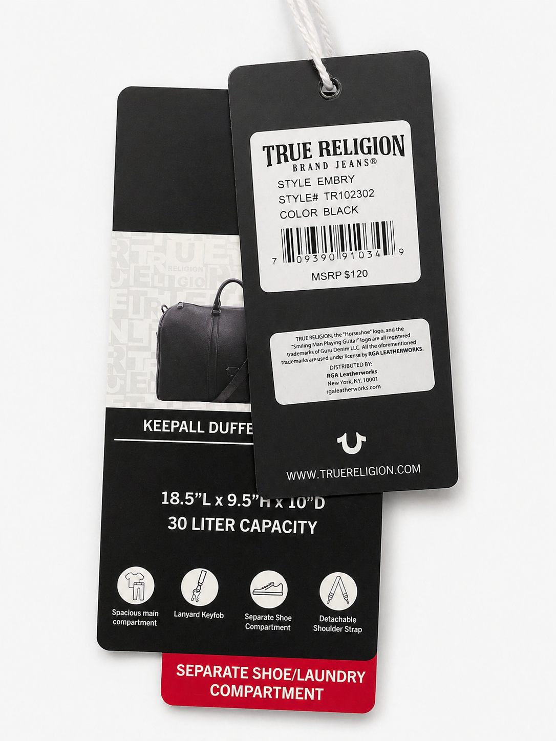 True Religion Black Duffle Bag Keepall Weekender Travel Gym Carry-On Shoe Compartment NWT
