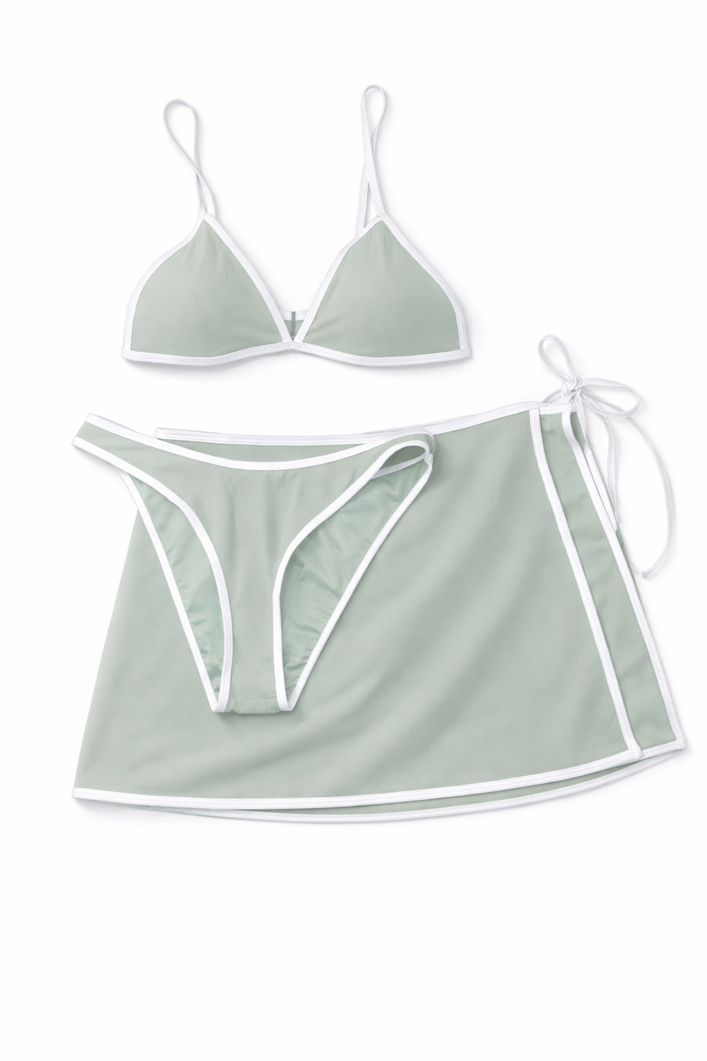 Wilo Ribbed Sage Green Bikini Set M White Trim 3PC Beach Swim