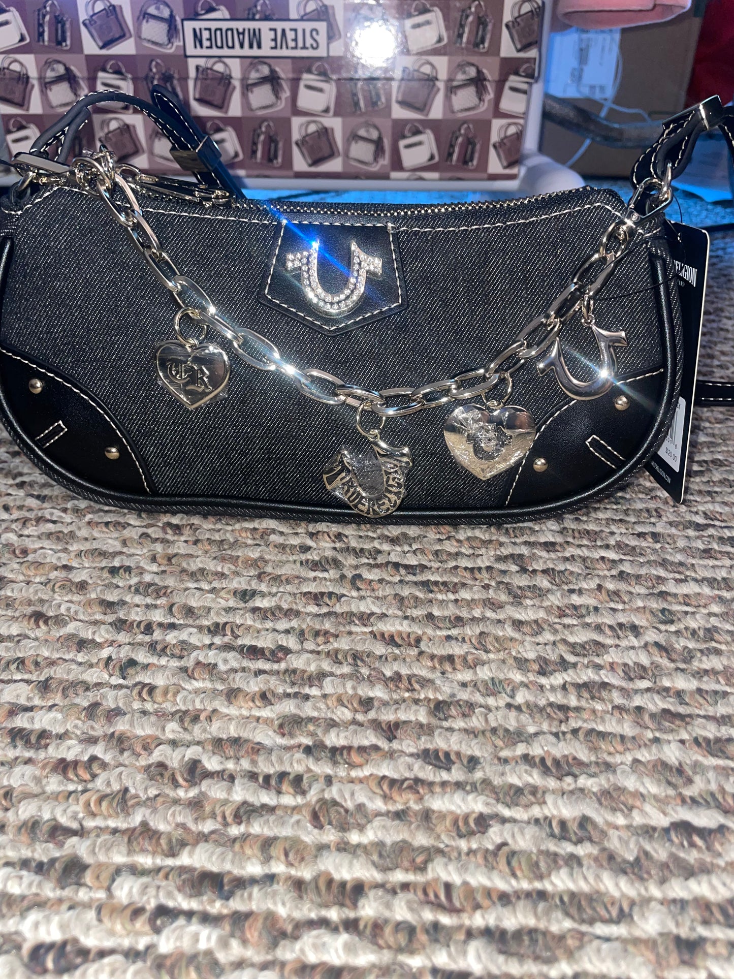 True Religion Black Denim Shoulder Bag – Crystal Charm Logo Purse (Authentic)