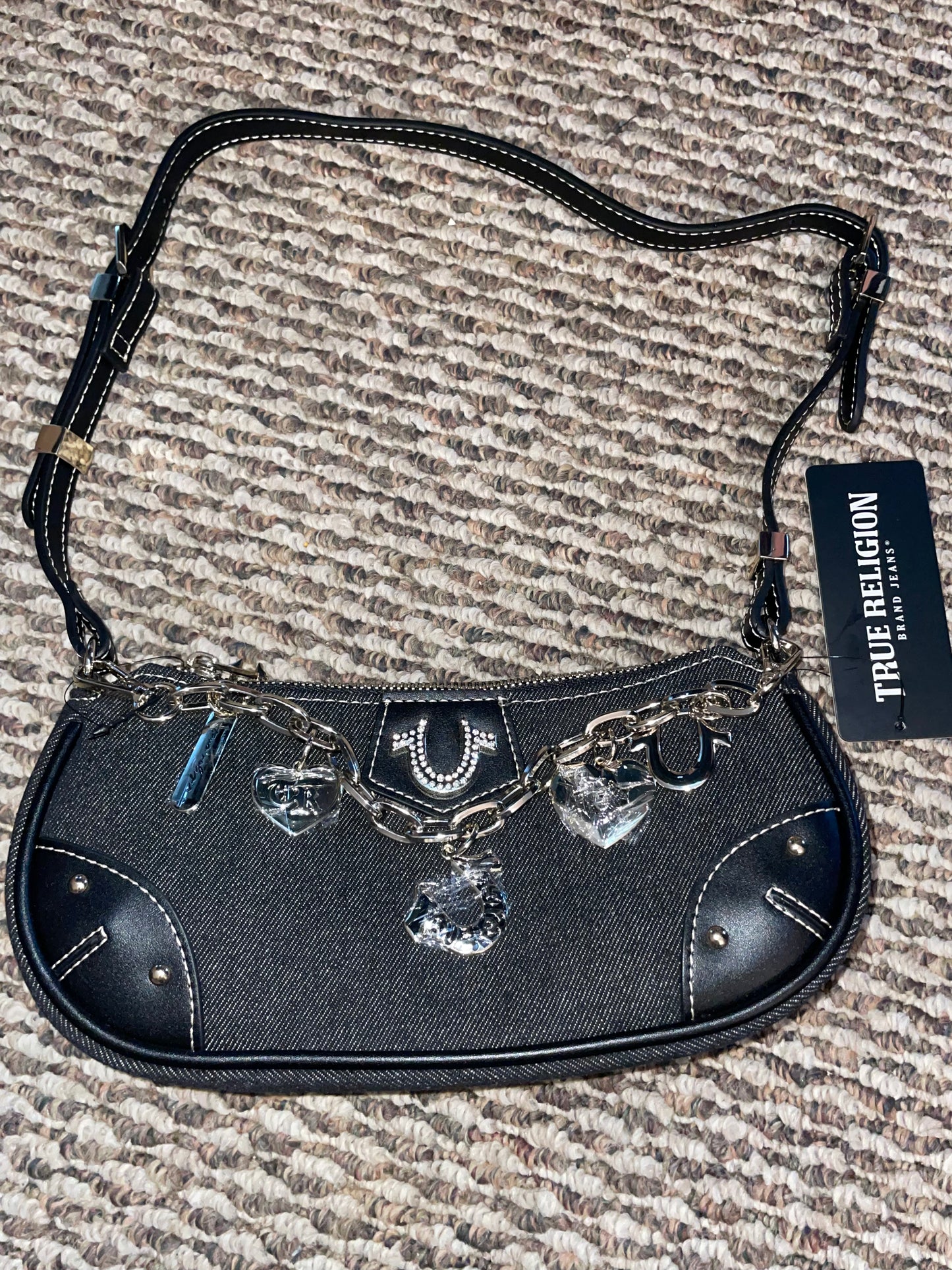 True Religion Black Denim Shoulder Bag – Crystal Charm Logo Purse (Authentic)